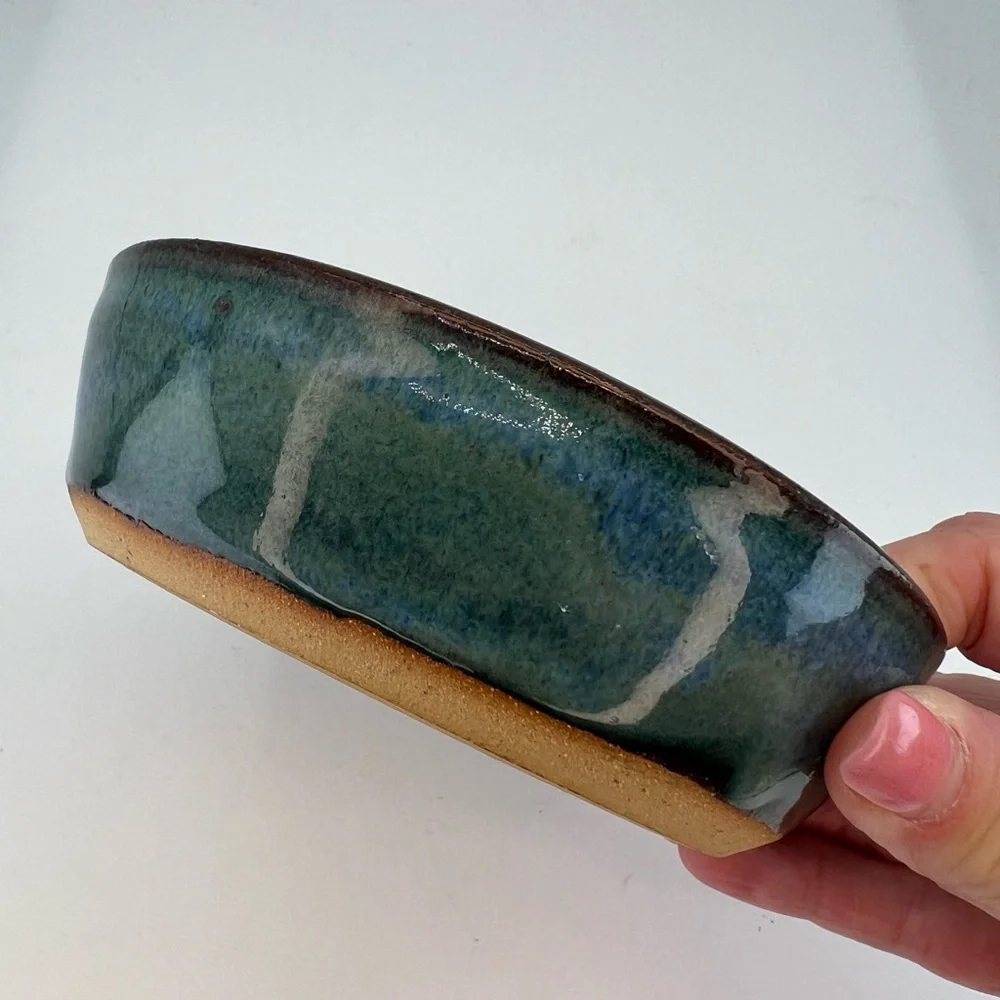 Artist Studio Pottery Bowl Apple Baker Dish Artist Signed Blue/Green Glaze